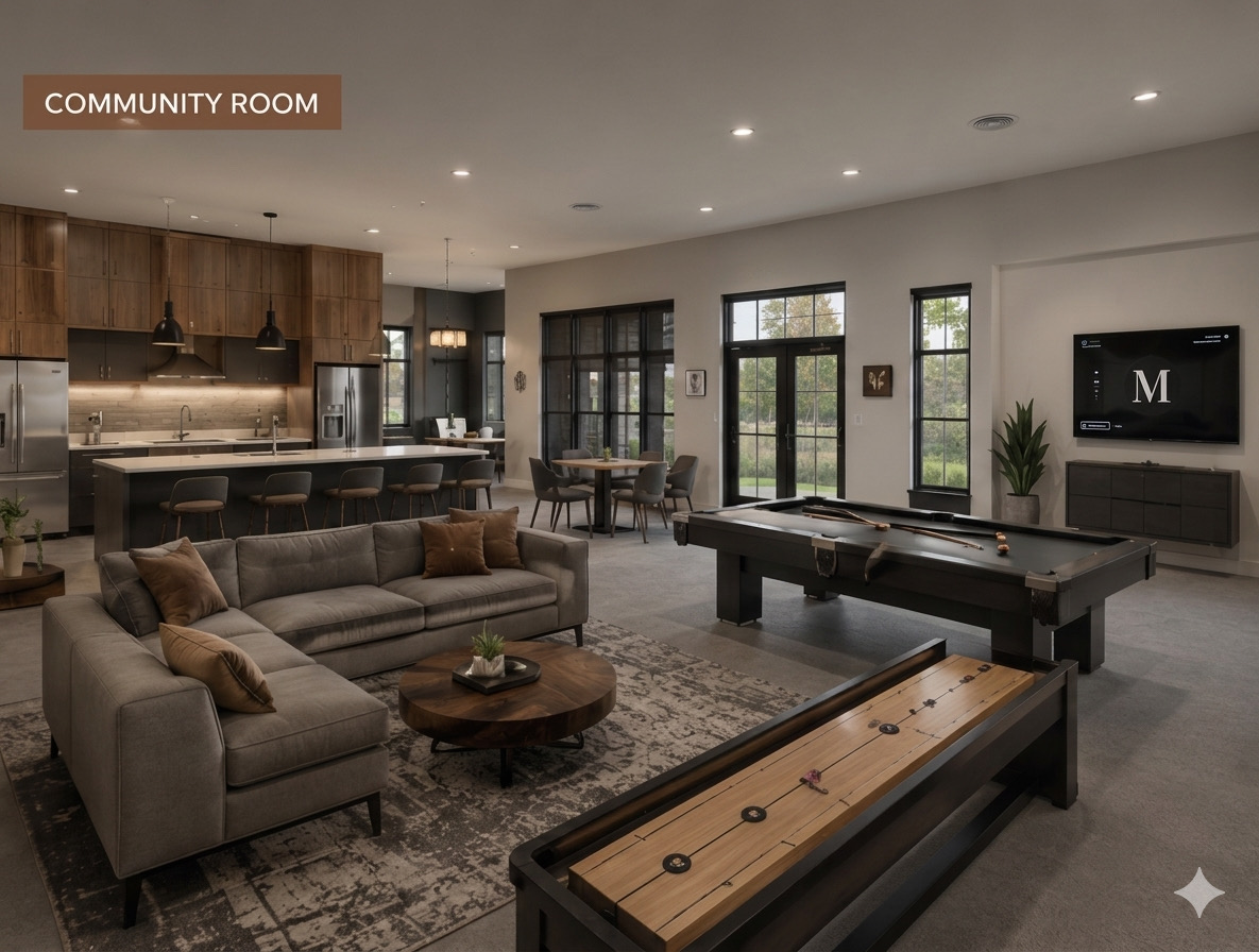 Modern community room with lounge, kitchen, and games