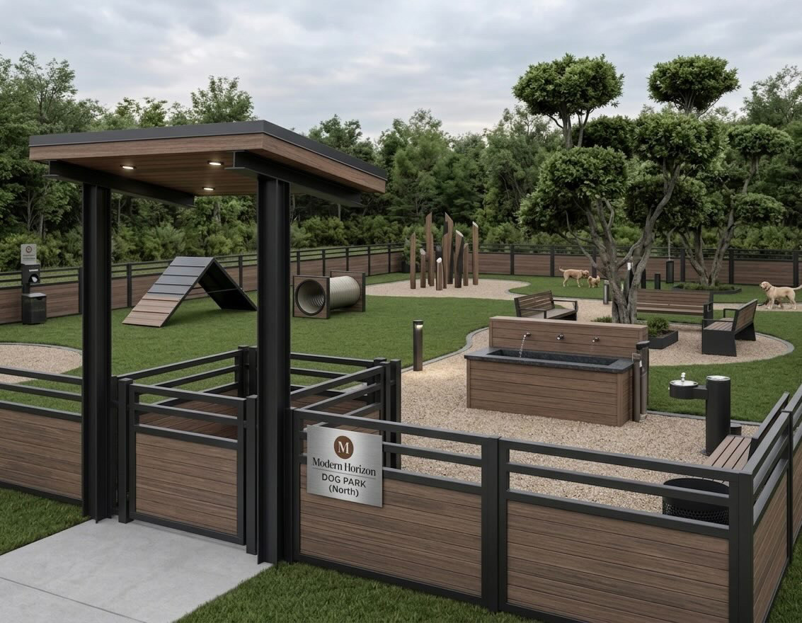 On-site dog park with agility equipment and seating