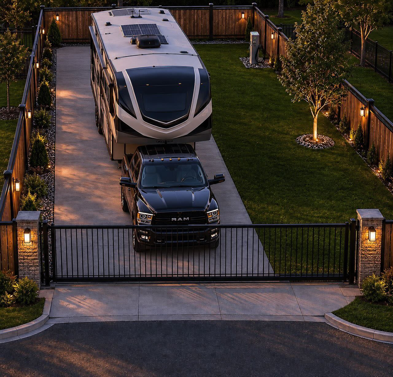 Private gated RV site at Modern Horizon Village at dusk